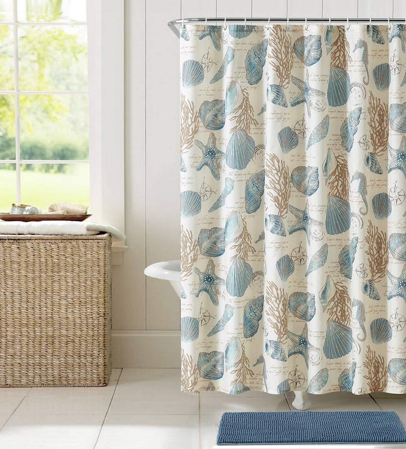 YOSTEV Starfish and Seashells Ivory Bathroom Fabric Shower Curtain with Hooks,Unique 3D Printing,Decorative Bathroom Accessories,Water Proof,Reinforced Metal Grommets 72x84 Inches,Long Size - Image 2